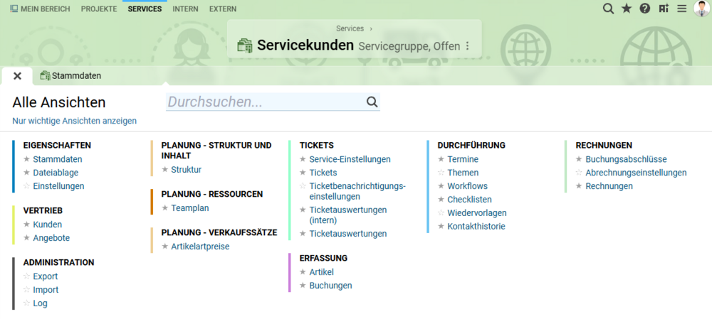 Der Arbeitsbereich Services in BCS bietet zentralen Zugriff auf Servicekunden, Tickets, Ressourcenplanung, Zeiterfassung, Workflows, Rechnungen und weitere Funktionen für die laufende Servicearbeit. Arbeitsbereich Services in BCS mit Ansichten für Servicekunden, Tickets, Ressourcenplanung, Zeiterfassung, Workflows und Rechnungen.