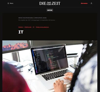 Screenshot der ZEIT-Verlagsseite mit dem IT-Ranking der „Most Responsible Employer 2026“, auf dem die Projektron GmbH auf Platz 7 gelistet ist.