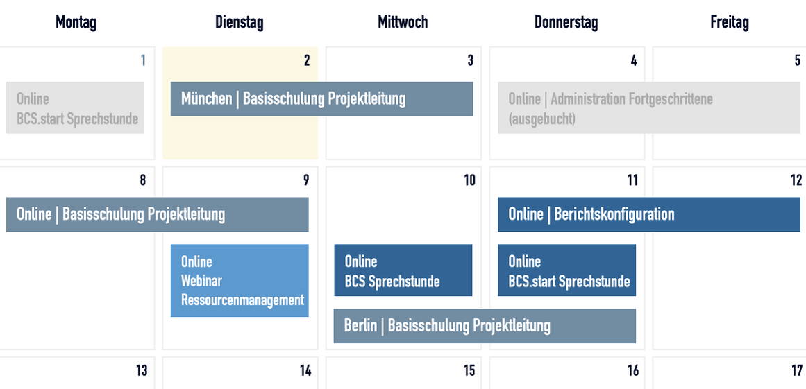 Calendrier des événements Projektron
