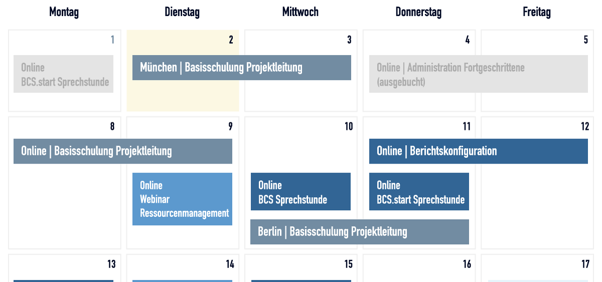 Termine kompakt: In unserem Kalender finden Sie unsere Veranstaltungsangebote sowohl für den aktuellen als auch für die nächsten sechs Monate. Veranstaltungskalender Projektron