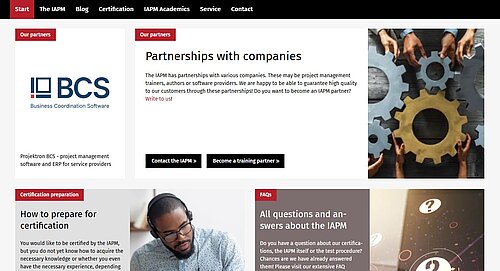Screenshot of the IAPM website showing an overview of corporate partners such as training providers, consultancies and project management software, including BCS as a partner solution
