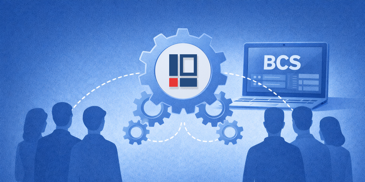 Symbolic article image for the introduction of BCS: Employees of an organization, gears for processes, a gear with the BCS logo, and a laptop represent BCS as the new central enterprise system.