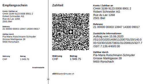 Abbildung einer Schweizer QR-Rechnung mit QR-Code, Zahlteil und Empfangsschein als Ersatz für alte Einzahlungsscheine.