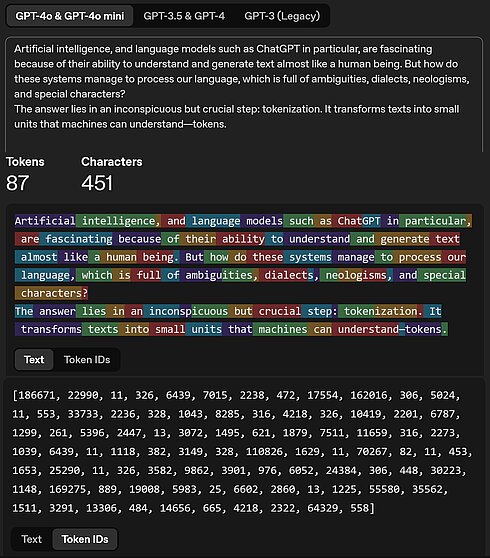 Screenshot des OpenAI Tokenizers mit englischer Tokenisierung derselben Einleitung.