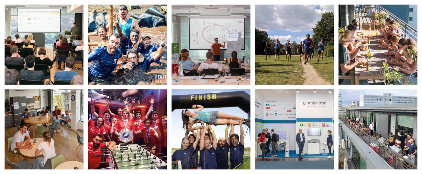 Fotocollage mit Einblicken in das Team und den Arbeitsalltag bei Projektron.