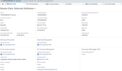 L'Intercompany Invoice view affiche les attributs sélectionnés pour la facturation interne.