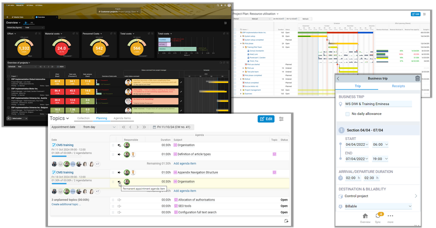 Whether project management, time tracking, or invoicing: Projektron BCS combines all central ERP functions in one system – for greater efficiency, transparency, and control in project business. Screenshot collage showing key features of the Projektron BCS ERP software: project overview, time tracking, invoicing module, and resource planning in a single system for service providers.