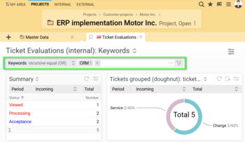 The new keyword filter provides greater transparency, faster evaluations, and efficient prioritization for large ticket volumes. Screenshot of ticket evaluations in BCS 25.4 with the keyword filter enabled for cross-topic analysis of tickets across multiple customers and projects.