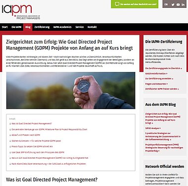 Screenshot des Fachartikels „Zielgerichtet zum Erfolg: Wie Goal Directed Project Management (GDPM) Projekte von Anfang an auf Kurs bringt“ auf der Website der IAPM. Der Artikel von Kai Aeneas Sulkowski (Projektron GmbH) erklärt, wie GDPM durch klare Ziele, definierte Meilensteine und eindeutige Verantwortlichkeiten Projekte strukturiert und deren erfolgreiche Umsetzung unterstützt.