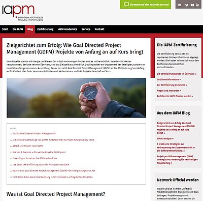 Screenshot des Artikels „Zielgerichtet zum Erfolg: Wie Goal Directed Project Management (GDPM) Projekte von Anfang an auf Kurs bringt“ auf der Website der IAPM International Association of Project Managers. Der Beitrag wurde verfasst von Kai Sulkowski von der Projektron GmbH.