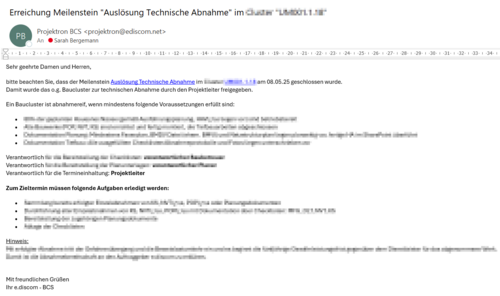 Screenshot of an automatically generated email from Projektron BCS with information about the project milestone that has been reached
