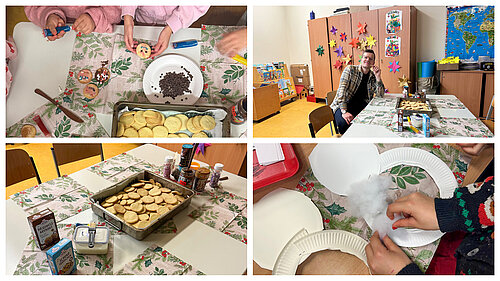 Projektron employee helps children make snowmen out of paper plates and decorate cookies during the Christmas party.