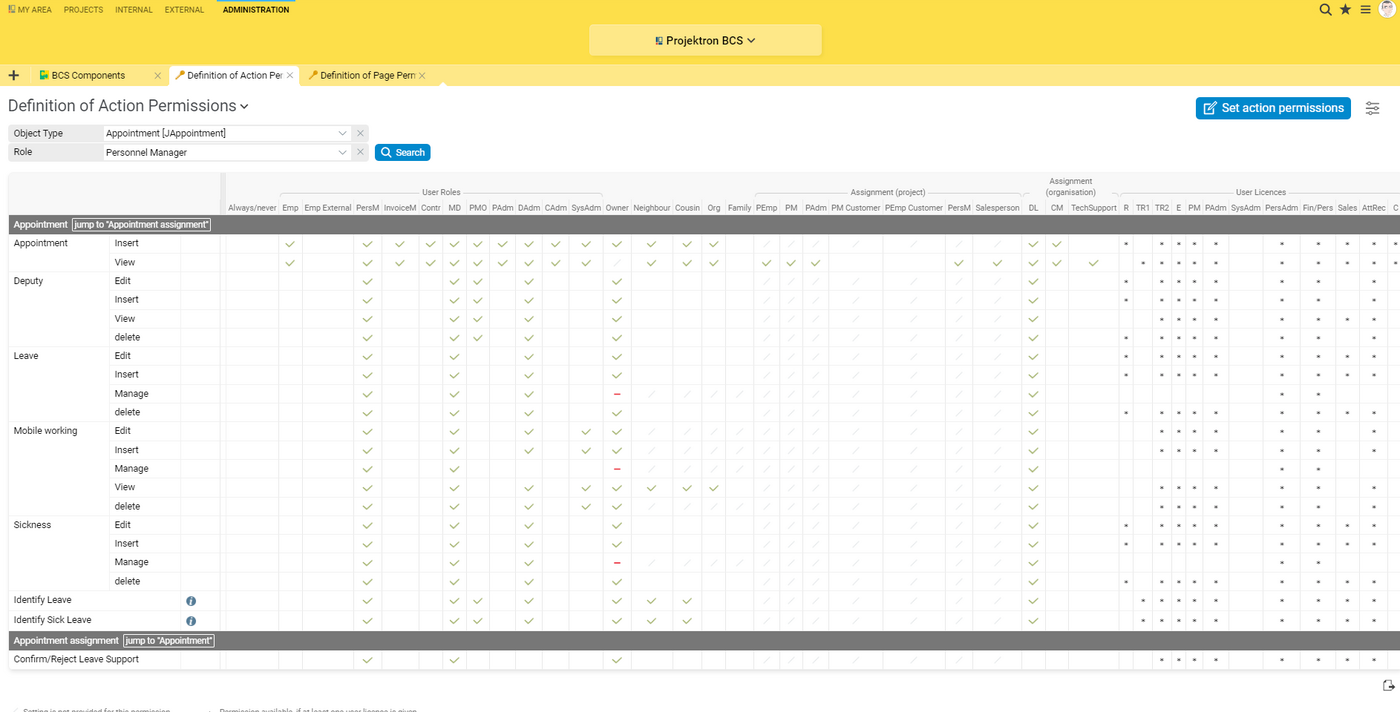 In the BCS rights matrix, you can adjust action rights for user roles with just a few clicks and clearly define who is allowed to edit, insert, recognize or delete which information. In the BCS rights matrix, you can adjust rights with just a few clicks.