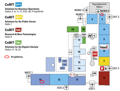 CeBIT-Gelände 2013: Rot umkreist die Projektron-Stände in Halle 3/17A und Halle 13/E57