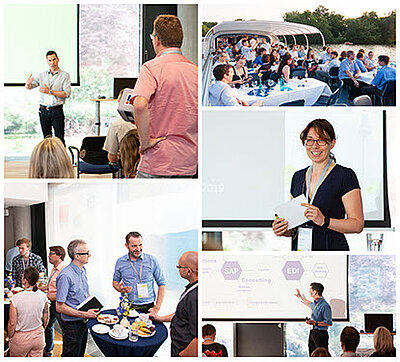 Eine Collage mit Impressionen der Projektron Anwenderkonferenz 2019 – spannende Vorträge, Workshops und Networking-Events.