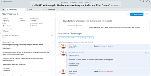 Ticket in BCS mit einer Kundenzufriedenheitsabfrage, Sternebewertungen für die Umsetzung und den allgemeinen Service sowie einem Kundenkommentar.