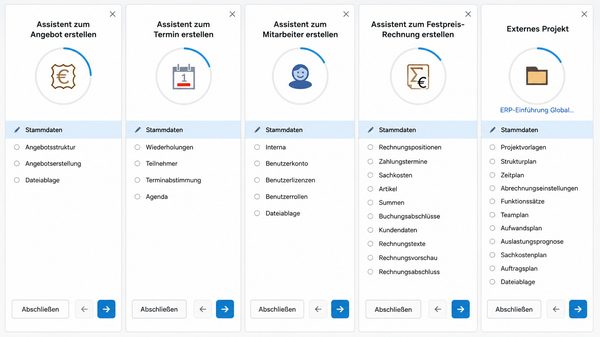 BCS unterstützt Anwender mit Assistenten beim strukturierten Erstellen und Bearbeiten verschiedener Objekte, beispielsweise Angebote, Termine, Mitarbeiter, Rechnungen und Projekte. Auswahl verschiedener Assistenten in BCS zum Erstellen von Angeboten, Terminen, Mitarbeitern, Rechnungen und Projekten.
