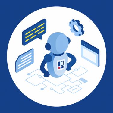Anwendungsfaelle der KI in Projektron BCS: Ein wachsendes Ökosystem Illustration eines KI-Bots vor mehreren symbolisierten Software-Anwendungen, die das wachsende KI-Ökosystem und die systematische KI-Integration in Projektron BCS darstellen.
