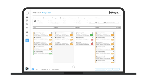 Screenshot Aufgabenübersicht Kanban in Troi