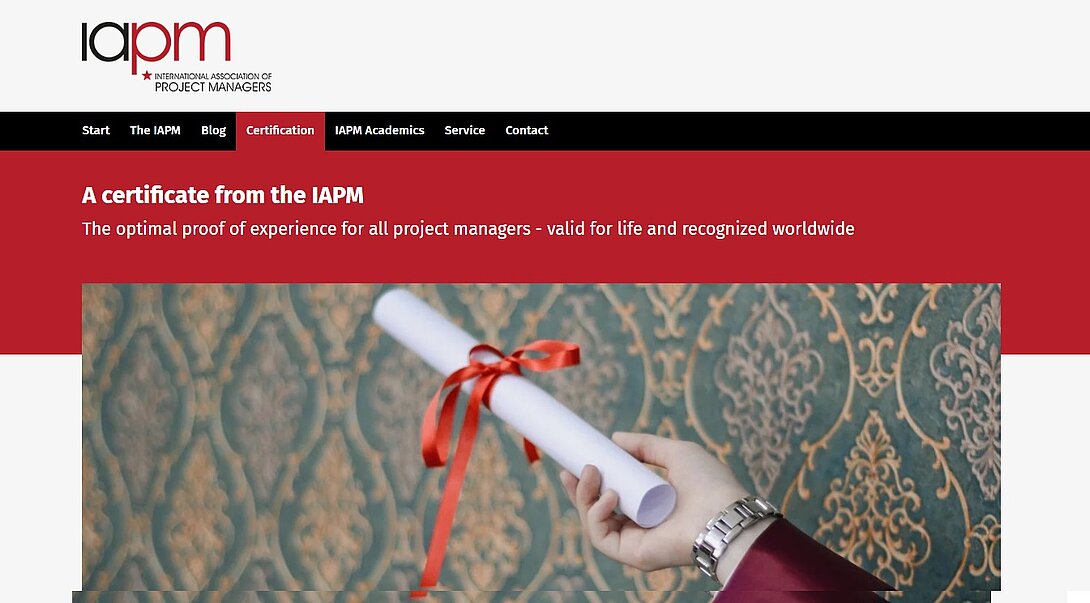 Screenshot of the IAPM website as a representative image for project management certifications, career levels and internationally recognised qualifications in traditional and agile project management.