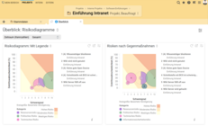 Risikodiagramme im BCS-Projektüberblick zum Vergleich von Eintrittswahrscheinlichkeit und Schweregrad vor und nach Gegenmaßnahmen.