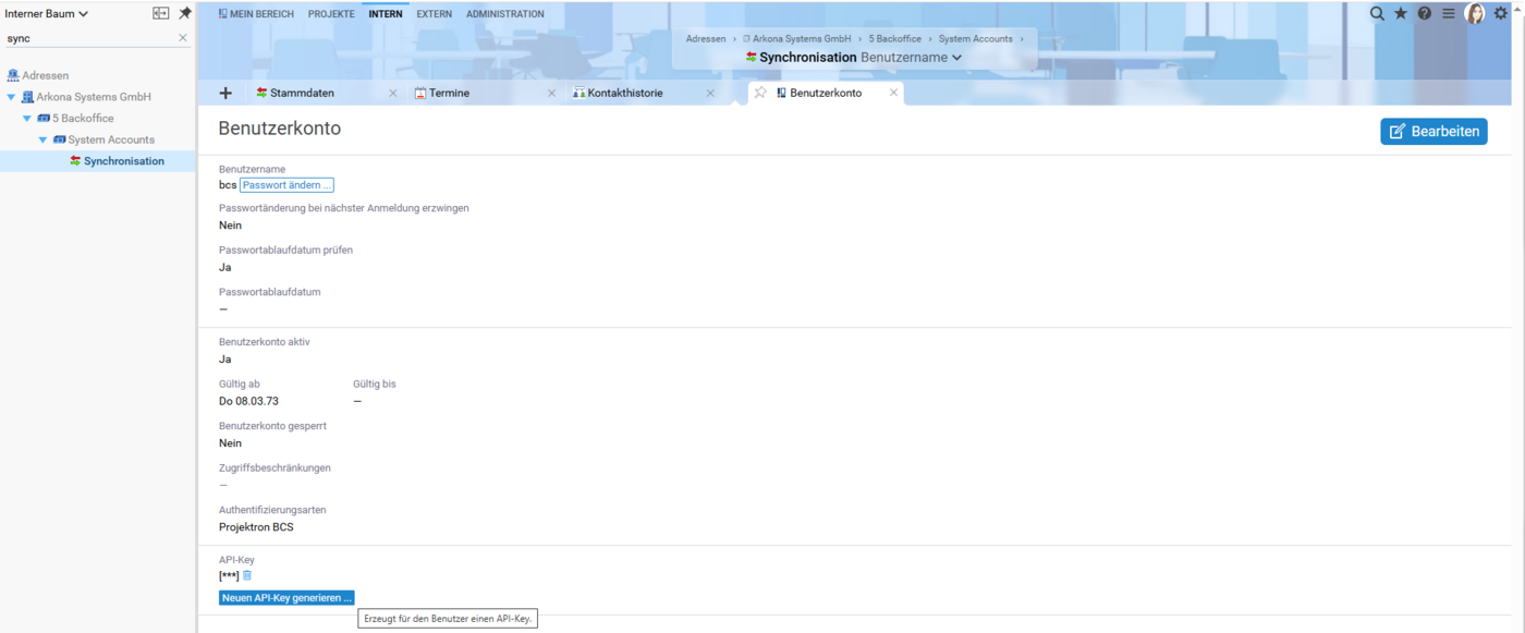 Screenshot aus Projektron BCS, der die Einstellung zum Erzeugen und Hinterlegen eines API-Keys für den Baustein Webservices > Stechuhr im Benutzerkonto des Synchronisations-Users zeigt.