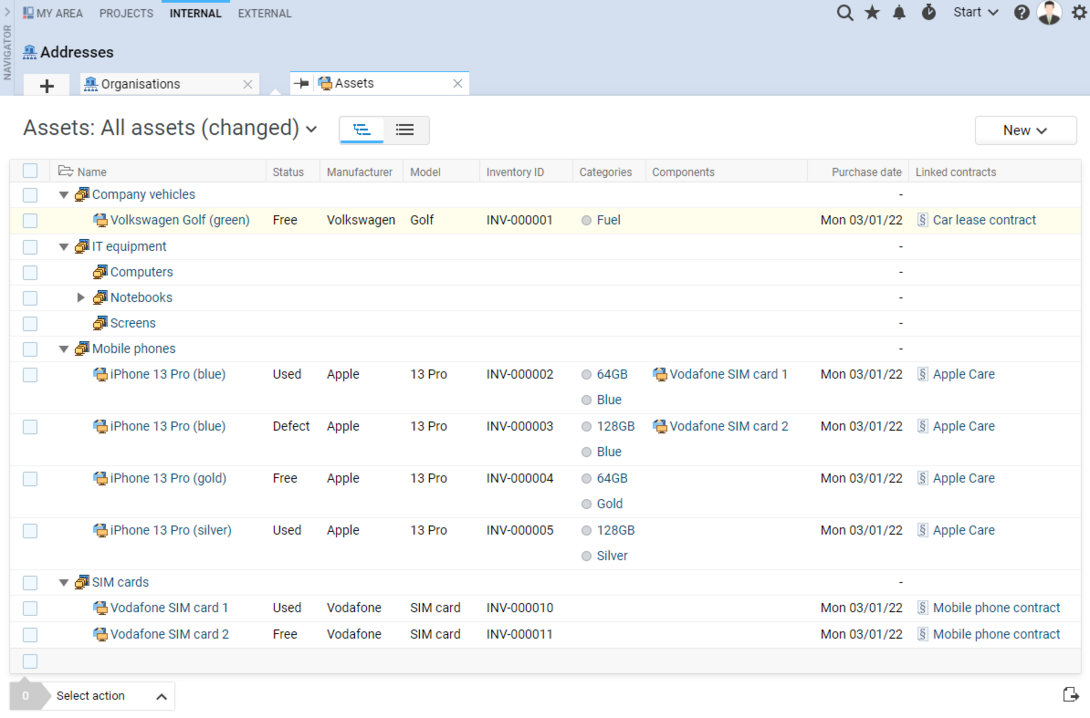 Capture d'écran de la gestion d'inventaire dans Projektron BCS