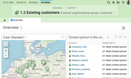 Screenshot of the new map view in Projektron BCS 25.3 showing customer and contact locations based on OpenStreetMap.