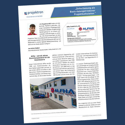 Titelansicht des Projektron-Anwenderberichts mit Alfha-Geschäftsführer Achim Habbel