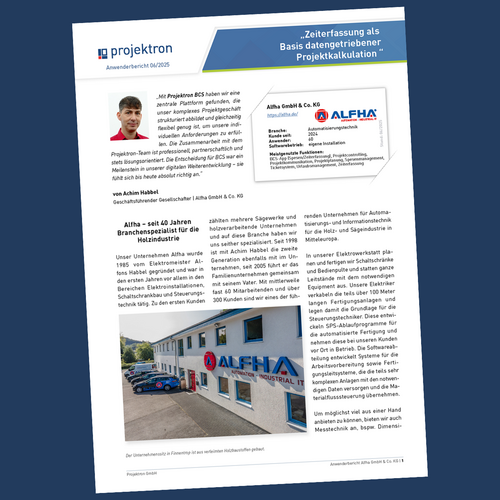 Titelansicht des Projektron-Anwenderberichts mit Alfha-Geschäftsführer Achim Habbel