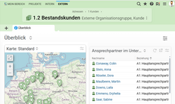 Ab Projektron BCS 25.3 lassen sich Kontakt- und Kundendaten direkt auf einer interaktiven Karte anzeigen. Die OpenStreetMap-basierte Darstellung visualisiert Standorte und Vertriebspotenziale übersichtlich im CRM. Screenshot der neuen Kartenansicht in Projektron BCS 25.3 mit der Darstellung von Kunden- und Kontaktstandorten auf Basis von OpenStreetMap.