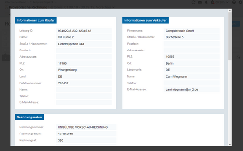 XRechnung: Visualisierung. BCS erstellt ein digitales Belegbild zur Prüfung. Der Rechnungsempfänger erhält nur das XML.