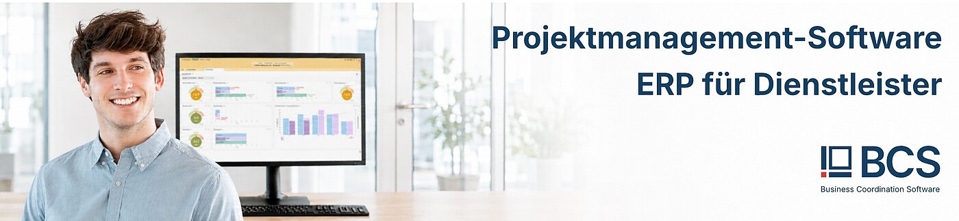 Headerbild der Projektmanagement- und ERP-Software BCS von Projektron, zeigt ein modernes Dashboard mit Projektübersicht, Ressourcenplanung und Zeiterfassung für Dienstleistungsunternehmen zur Optimierung von Projekten und Geschäftsprozessen.