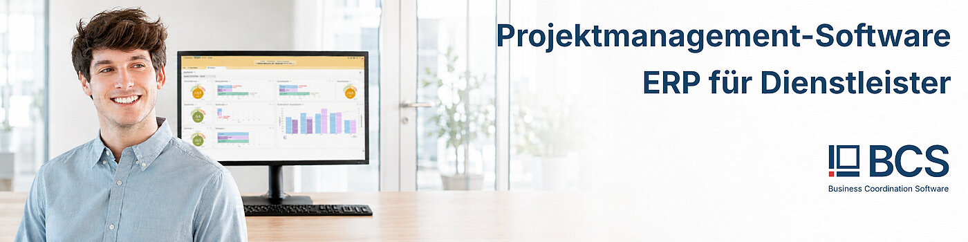 Headerbild der Projektmanagement- und ERP-Software BCS von Projektron, zeigt ein modernes Dashboard mit Projektübersicht, Ressourcenplanung und Zeiterfassung für Dienstleistungsunternehmen zur Optimierung von Projekten und Geschäftsprozessen.