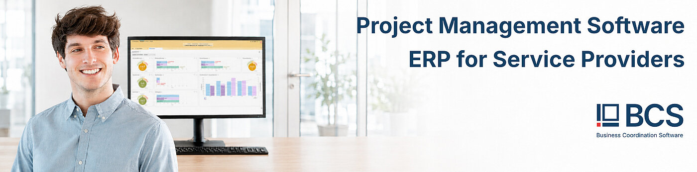 Header image of the BCS project management and ERP software from Projektron shows a modern dashboard with project overview, resource planning, and time tracking for service companies to optimize projects and business processes.