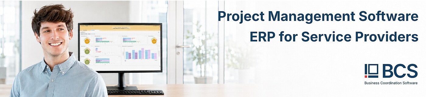 Header image of the BCS project management and ERP software from Projektron shows a modern dashboard with project overview, resource planning, and time tracking for service companies to optimize projects and business processes.