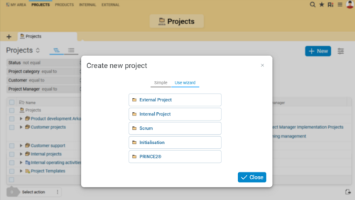 Start your project planning in BCS by selecting the appropriate wizard.