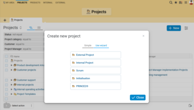 Start your project planning in Projektron BCS by selecting the appropriate wizard.
