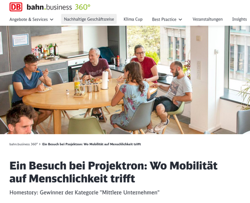 Nachhaltige Mobilität mit Vorbildcharakter: Projektron wird für sein Mobilitätskonzept ausgezeichnet – Homestory bei DB bahn.business & Bericht im Fachmagazin.