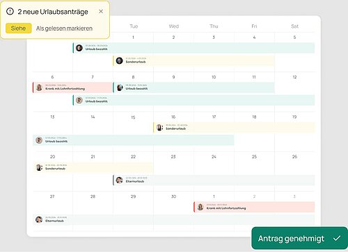 Screenshot des Teamkalenders in ZEP mit Abwesenheitsübersicht zu Urlauben und Krankmeldungen.