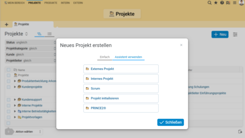 Starten Sie Ihre Projektplanung in BCS mit der Auswahl des passenden Assistenten.