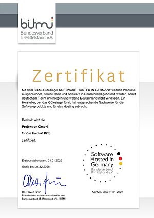 Zertifikat Software Hosted in Germany 2026 des Bundesverbands IT-Mittelstand für BCS von Projektron – ausgezeichnet für Hosting, Betrieb und Datenhaltung in Deutschland