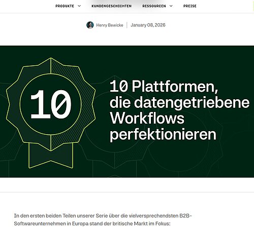 Screenshot des Moss-Magazinartikels „10 deutsche Plattformen, die alltägliche Prozesse in datengetriebene Workflows verwandeln“ mit Erwähnung von Projektron BCS als eine der vorgestellten Softwarelösungen (Quelle: https://www.getmoss.com/de-de/magazine/10-deutsche-plattformen-datenbasiert-steuern, aufgerufen am 13.01.2026).