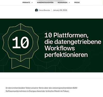 Screenshot des Moss-Magazinartikels „10 deutsche Plattformen, die alltägliche Prozesse in datengetriebene Workflows verwandeln“ mit Erwähnung von Projektron BCS als eine der vorgestellten Softwarelösungen (Quelle: https://www.getmoss.com/de-de/magazine/10-deutsche-plattformen-datenbasiert-steuern, aufgerufen am 13.01.2026).
