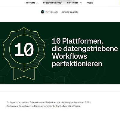 Screenshot des Moss-Magazinartikels „10 deutsche Plattformen, die alltägliche Prozesse in datengetriebene Workflows verwandeln“, mit Hervorhebung von Projektron BCS als eine der vorgestellten Softwarelösungen (Quelle: https://www.getmoss.com/de-de/magazine/10-deutsche-plattformen-datenbasiert-steuern, aufgerufen am 13.01.2026).