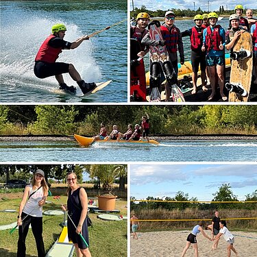 Fotocollage: Projektron-Sommerfest 2026 Fotocollage vom Projektron-Sommerfest 2026 mit Projektronis und Kindern beim Wasserski, Wakeboarding, Beachvolleyball, Minigolf und gemeinsamen Barbecue.