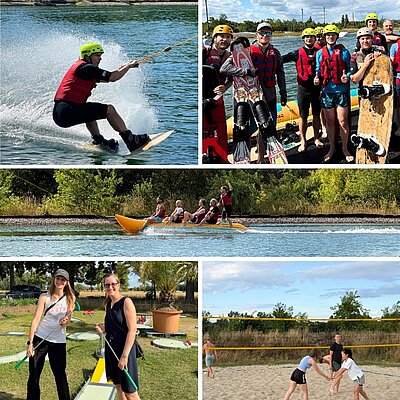 Impressions from our 2026 summer party at the Magix Water Ski Park in Großbeeren: In sunny weather, 56 Projektron team members and six children enjoyed a varied day featuring water skiing, wakeboarding, beach volleyball, mini golf and a barbecue.