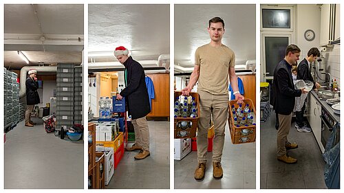 Two Projektron employees organizing an Advent celebration for seniors, including transporting drinks, coordinating 30–40 helpers, and washing up.