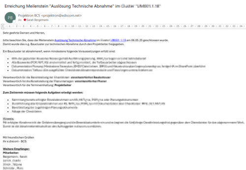Capture d'écran d'un e-mail généré automatiquement par Projektron BCS avec des informations sur le jalon atteint dans le projet