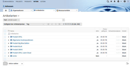 BCS Screenshot zeigt Artikelarten für Angebote.